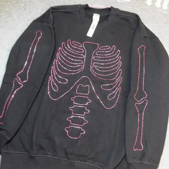 VS PINK Rhinestone Bling Halloween Skeleton Pullover Crewneck Sweatshirt - Med - Picture 2 of 7